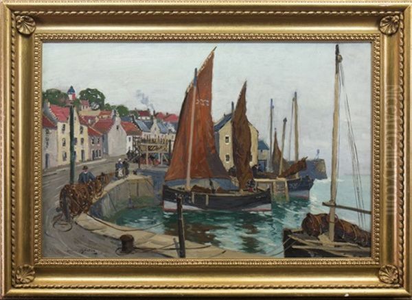 East Coast Fishing Harbour Oil Painting by David Martin