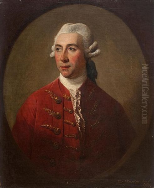 Portrait Of A Gentleman, Bust-length, In A Red Coat, Within A Painted Oval Oil Painting by David Martin