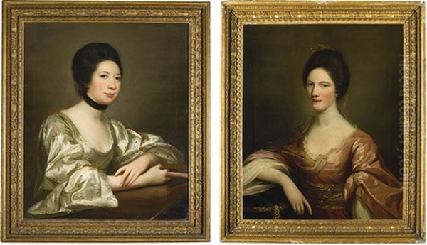 Portraits Of Emilia Belsches (1730-1807), Half-length, In A Silver Embroidered Dress With A Book In Her Hands; And Her Sister, Mary Belsches, Half-length, In A Pink Dress Oil Painting by David Martin