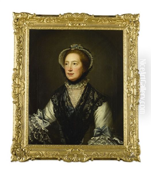 Portrait Of A Lady, Half-length, Wearing A White Dress With Blue Ribbons And A Black Lace Scarf Oil Painting by David Martin