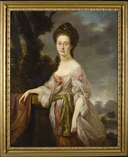 Portrait Of A Lady, Three-quarter-length, Standing In A Landscape, Wearing A Pink Dress With White Lace Sleeves And An Embroidered Waistband Oil Painting by David Martin