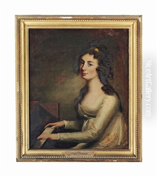 Portrait Of Janet Hunter, Half-length, In A White Dress, Seated At A Piano Oil Painting by David Martin