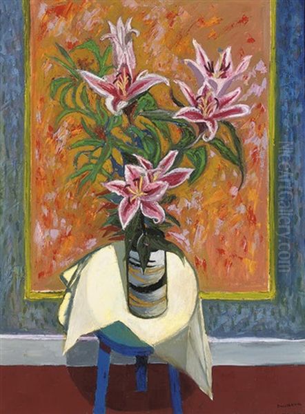 Oriental Lilies On A Stool Oil Painting by David Martin