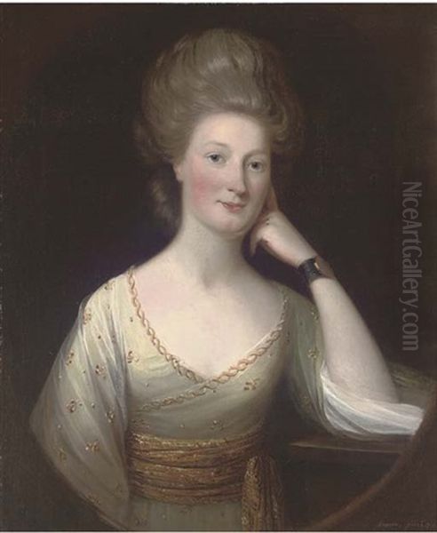 Portrait Of A Lady, Half-length, In A Green Dress With Gold Trim Oil Painting by David Martin