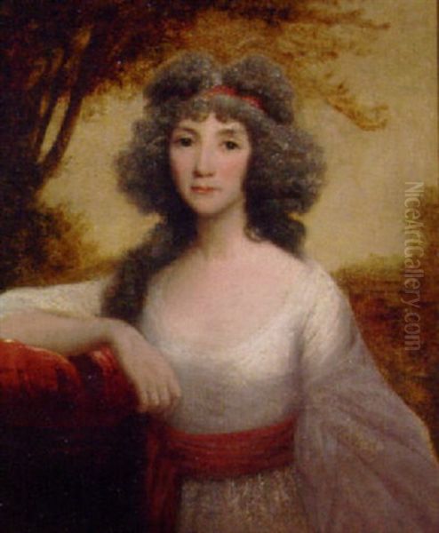 Portrait Of Marion Mccallum In A White Dress With A Red Sash, Her Right Arm Resting On A Cushion, In A Landscape Oil Painting by David Martin