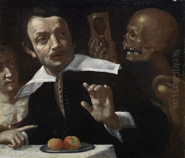 A Vanitas Scene With Death Holding An Hour Glass Behind A Startled Man Oil Painting by Giovanni Martinelli