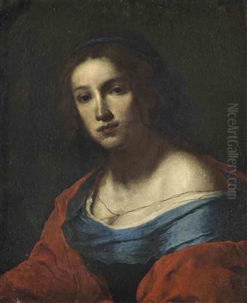 Portrait Of A Lady, Bust-length, In A Blue Dress And Red Wrap Oil Painting by Giovanni Martinelli