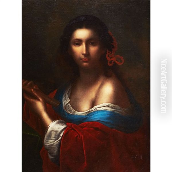 Music (a Personification Of Music Holding A Cylindrical Recorder) Oil Painting by Giovanni Martinelli