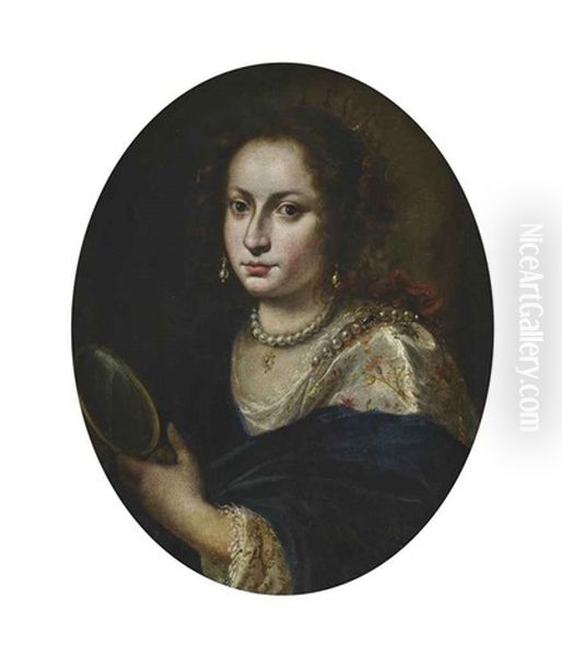 Portrait Of A Lady, Bust-length, In A Lace Trimmed Dress And Pearl Earrings And Necklace, A Mirror In Her Left Hand Oil Painting by Giovanni Martinelli