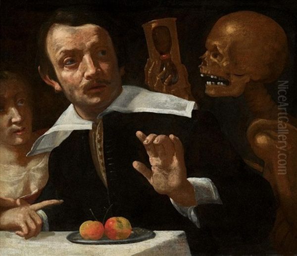 A Vanitas Scene With Death Holding An Hour Glass Behind A Startled Man (death At The Table) Oil Painting by Giovanni Martinelli