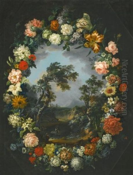 A Floral Garland Surrounding A River Landscape Oil Painting by Vincenzo Martinelli