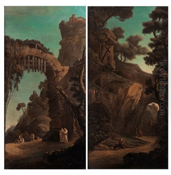 Monche Vor Felsiger Landschaft (pair) Oil Painting by Vincenzo Martinelli