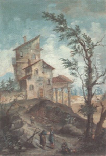 An Italianate Landscape With A Hilltop Villa And Travellers Oil Painting by Vincenzo Martinelli