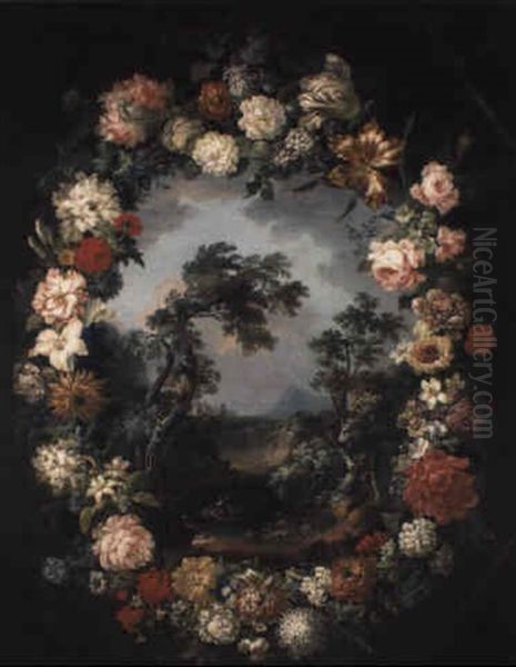 A Wreath Of Flowers Surrounding A Mountainous River Landscape Oil Painting by Vincenzo Martinelli