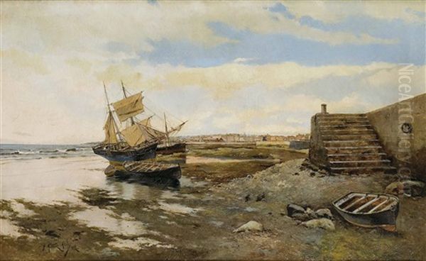 Barcos En Un Puerto Del Norte Oil Painting by Juan Martinez Abades