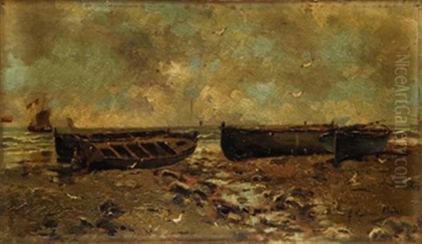 Barcas En La Playa Oil Painting by Juan Martinez Abades