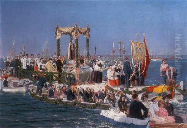 Procesion En Gijon De La Virgen Del Carmen, Patrona De Los Marineros Oil Painting by Juan Martinez Abades