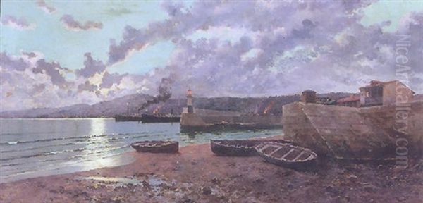 Atardecer En Un Puerto De Cantabria Oil Painting by Juan Martinez Abades