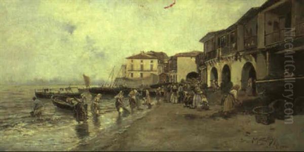 Mariscadoras En La Ra De Vigo Oil Painting by Juan Martinez Abades