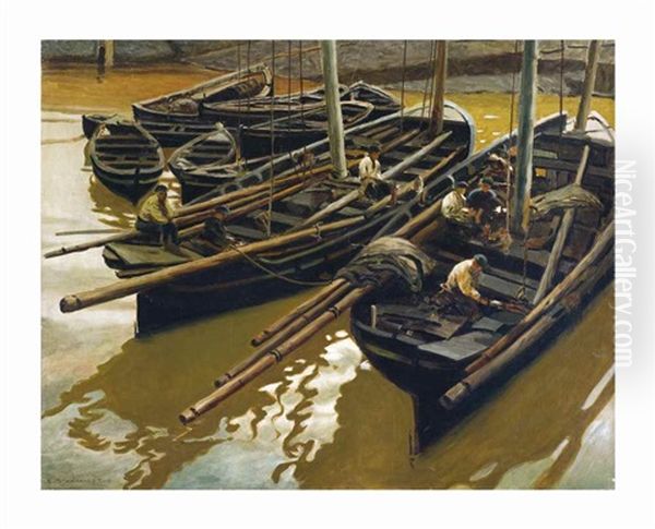 Fishing Boats Oil Painting by Enrique Martinez Cubells y Ruiz