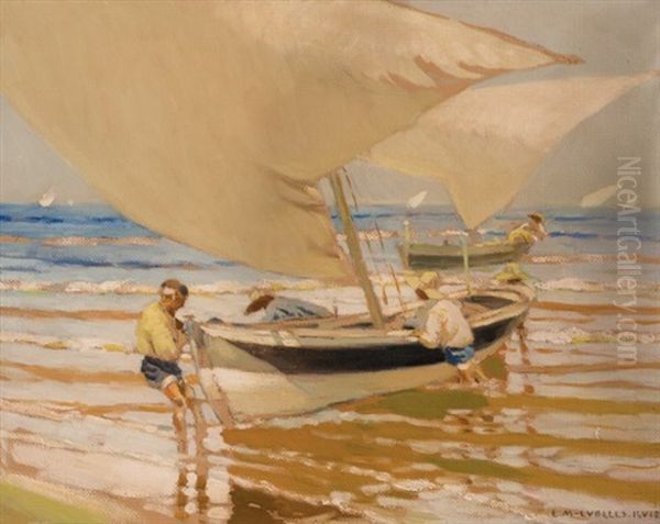 Pescadores Junto Al Mar Oil Painting by Enrique Martinez Cubells y Ruiz