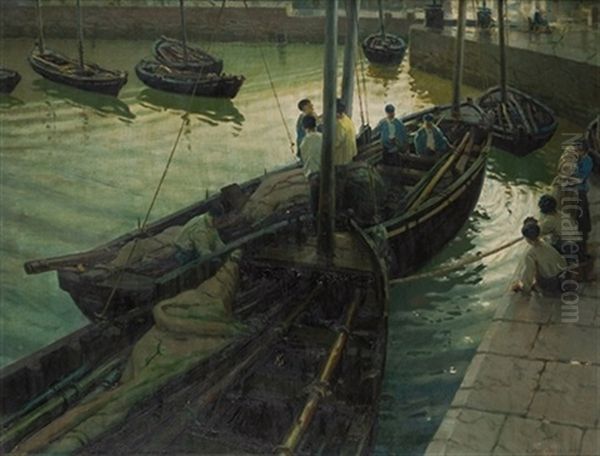 Barcas En El Puerto Oil Painting by Enrique Martinez Cubells y Ruiz