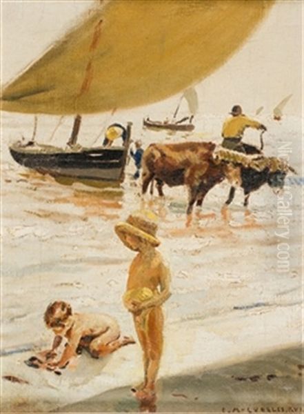 Ninos En La Playa Oil Painting by Enrique Martinez Cubells y Ruiz