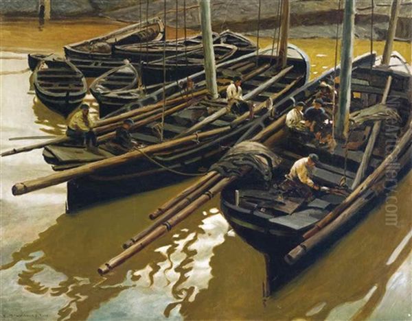 Fishing Boats Oil Painting by Enrique Martinez Cubells y Ruiz