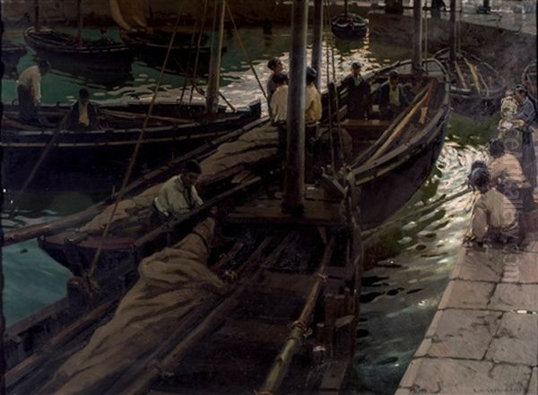 Puerto De Cudillero (asturias) Oil Painting by Enrique Martinez Cubells y Ruiz