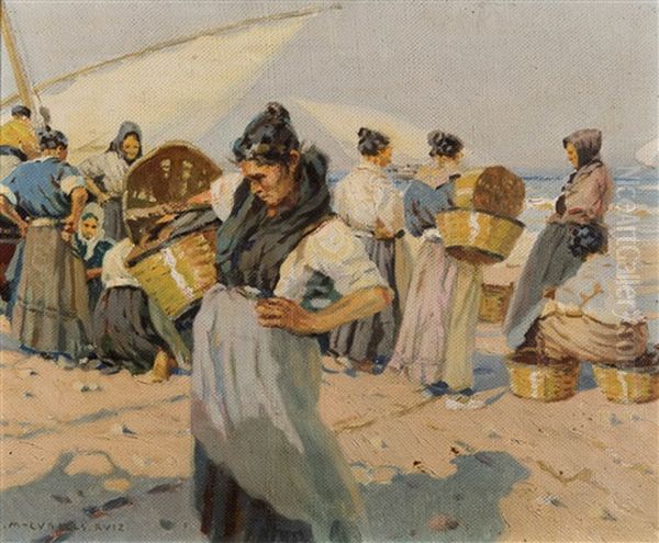 Mariscadoras En La Playa Oil Painting by Enrique Martinez Cubells y Ruiz