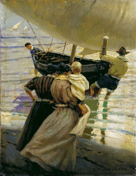 Sacando La Barca Oil Painting by Enrique Martinez Cubells y Ruiz