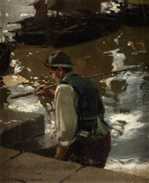 Pescador En El Muelle Oil Painting by Enrique Martinez Cubells y Ruiz