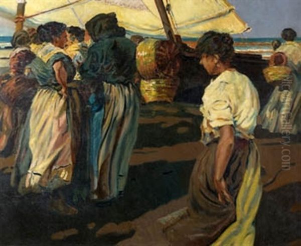 Pescadores En La Playa Oil Painting by Enrique Martinez Cubells y Ruiz