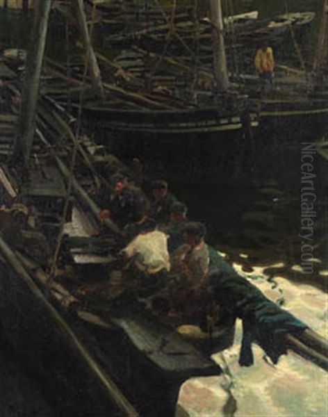 Pescadores En El Puerto Oil Painting by Enrique Martinez Cubells y Ruiz