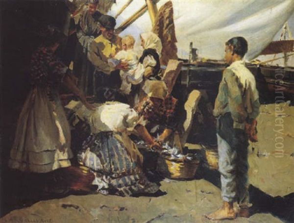 Familia De Pescadores Oil Painting by Enrique Martinez Cubells y Ruiz