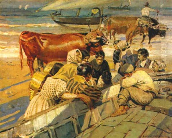 La Llegada De Las Barcas Oil Painting by Enrique Martinez Cubells y Ruiz