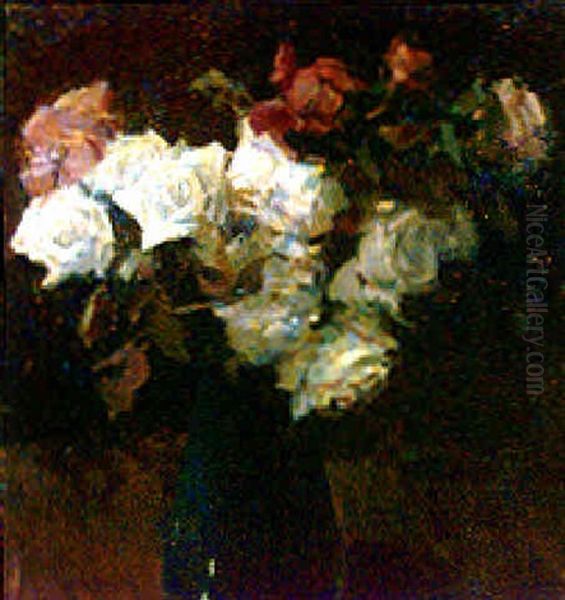 Florero De Rosas Oil Painting by Enrique Martinez Cubells y Ruiz