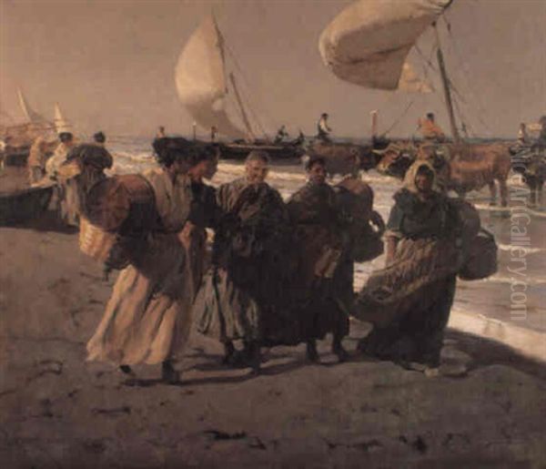 Barcas En La Playa Oil Painting by Enrique Martinez Cubells y Ruiz