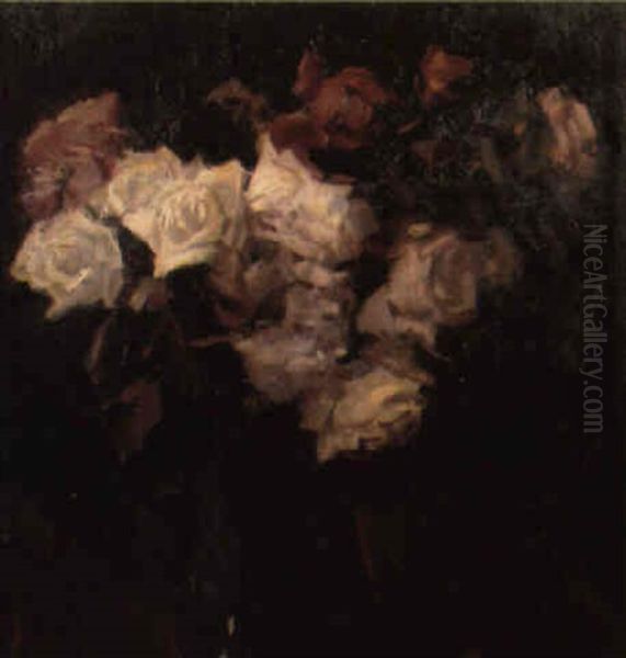 Florero Con Rosas Oil Painting by Enrique Martinez Cubells y Ruiz