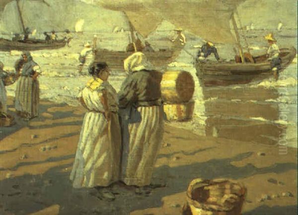 Esperando La Llegada De La Pesca En Valencia Oil Painting by Enrique Martinez Cubells y Ruiz