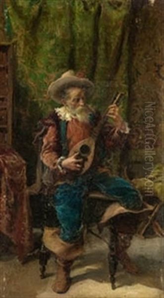 Viejo Tocando La Bandurria Oil Painting by Salvador Martinez Cubells