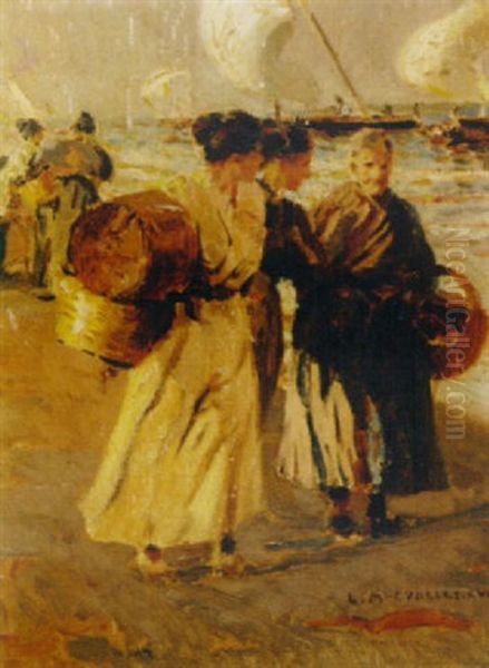 Fisherwomen On The Beach Oil Painting by Salvador Martinez Cubells