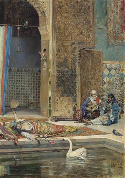 Figures In A Courtyard Of The Alhambra, Granada Oil Painting by Joaquin Martinez De La Vega