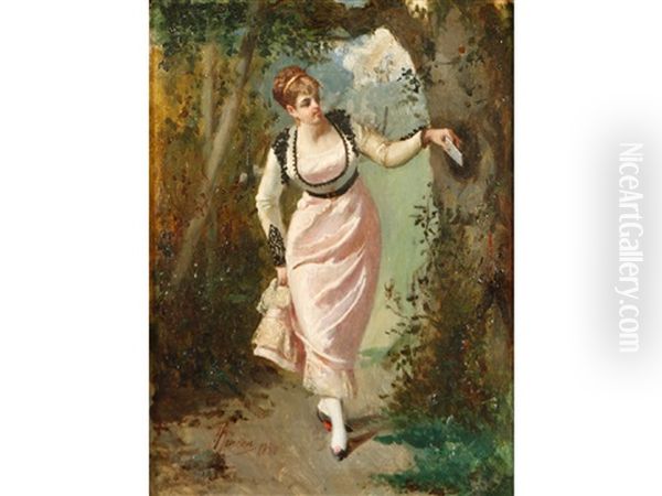 A Young Lady In A Garden Looking Around A Tree And Holding A Letter Oil Painting by Serafin Martinez del Ricon y Trives