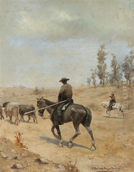 Drovers In A Desert Landscape Oil Painting by Luis Martinez Vargas Machuca