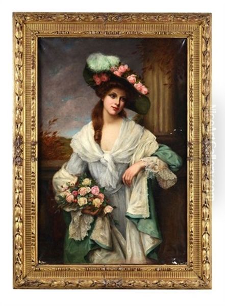 Portrait De Jeune Femme Aux Roses Oil Painting by Francois Martin-Kavel