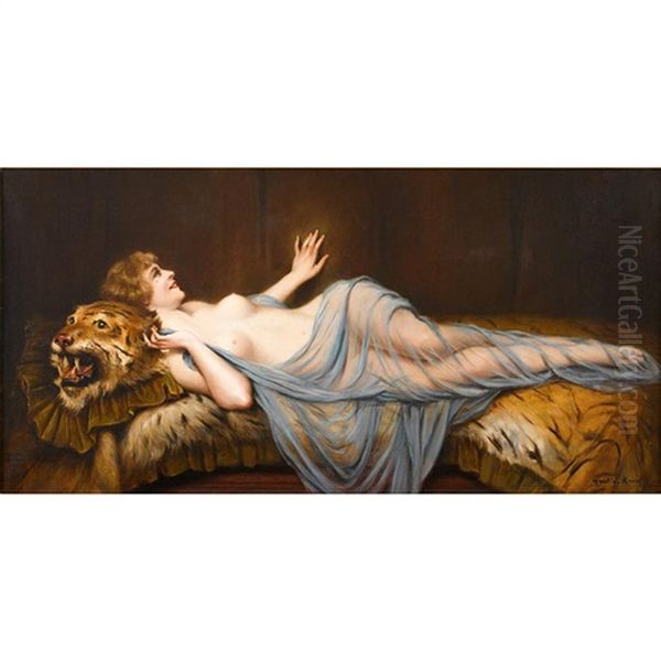 Recumbant Nude On Tiger Skin Rug Oil Painting by Francois Martin-Kavel