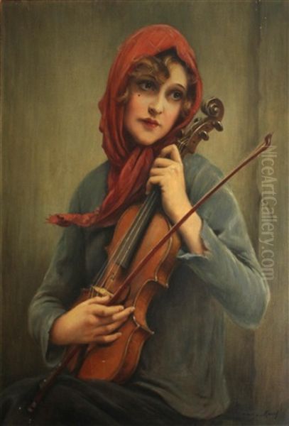 A Young Girl With A Violin Oil Painting by Francois Martin-Kavel