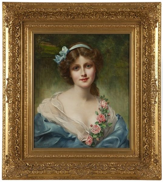 June Roses, Portrait Of A Young Woman Oil Painting by Francois Martin-Kavel