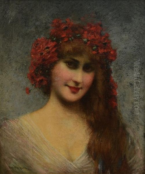 Portrait Of A Young Lady With Floral Headdress Oil Painting by Francois Martin-Kavel